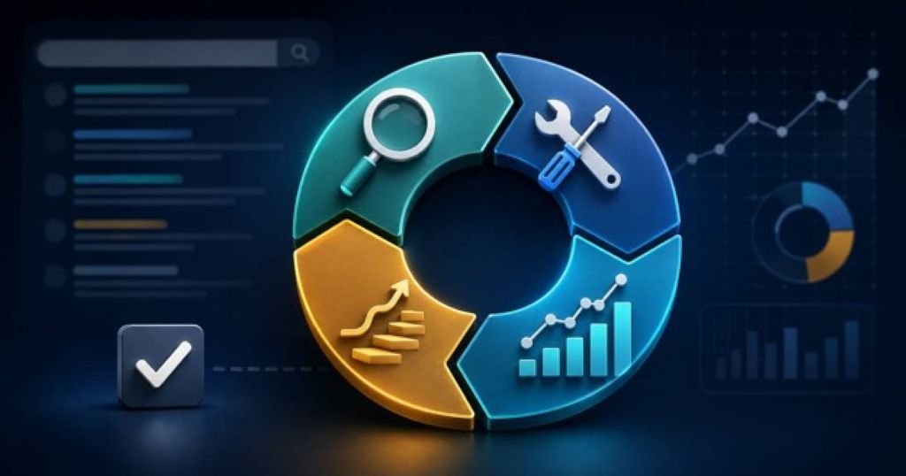 SEO improvement cycle showing research, implementation, measurement, and continuous optimization