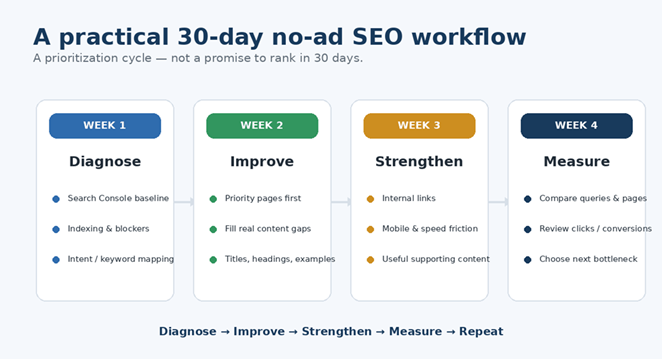 Thirty-day no-ad SEO workflow covering diagnosis, page improvements, site strengthening, and measurement.