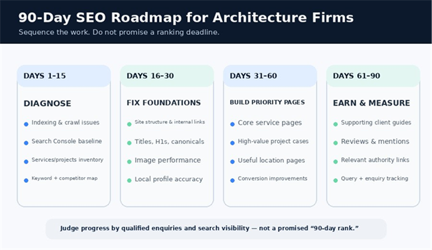 90-day architecture firm SEO roadmap from diagnosis and technical fixes to priority pages, authority, and measurement.