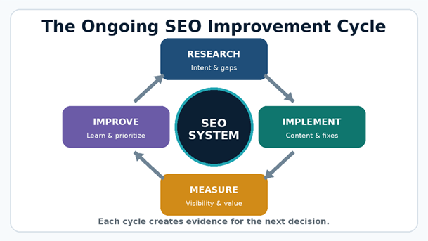 Four-stage ongoing SEO cycle: research, implement, measure, and improve